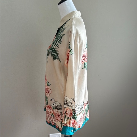 Paul & Joe Silk Vintage Floral Goose Print Button-Up Shirt Green Accents Size 3 - Picture 9 of 15
